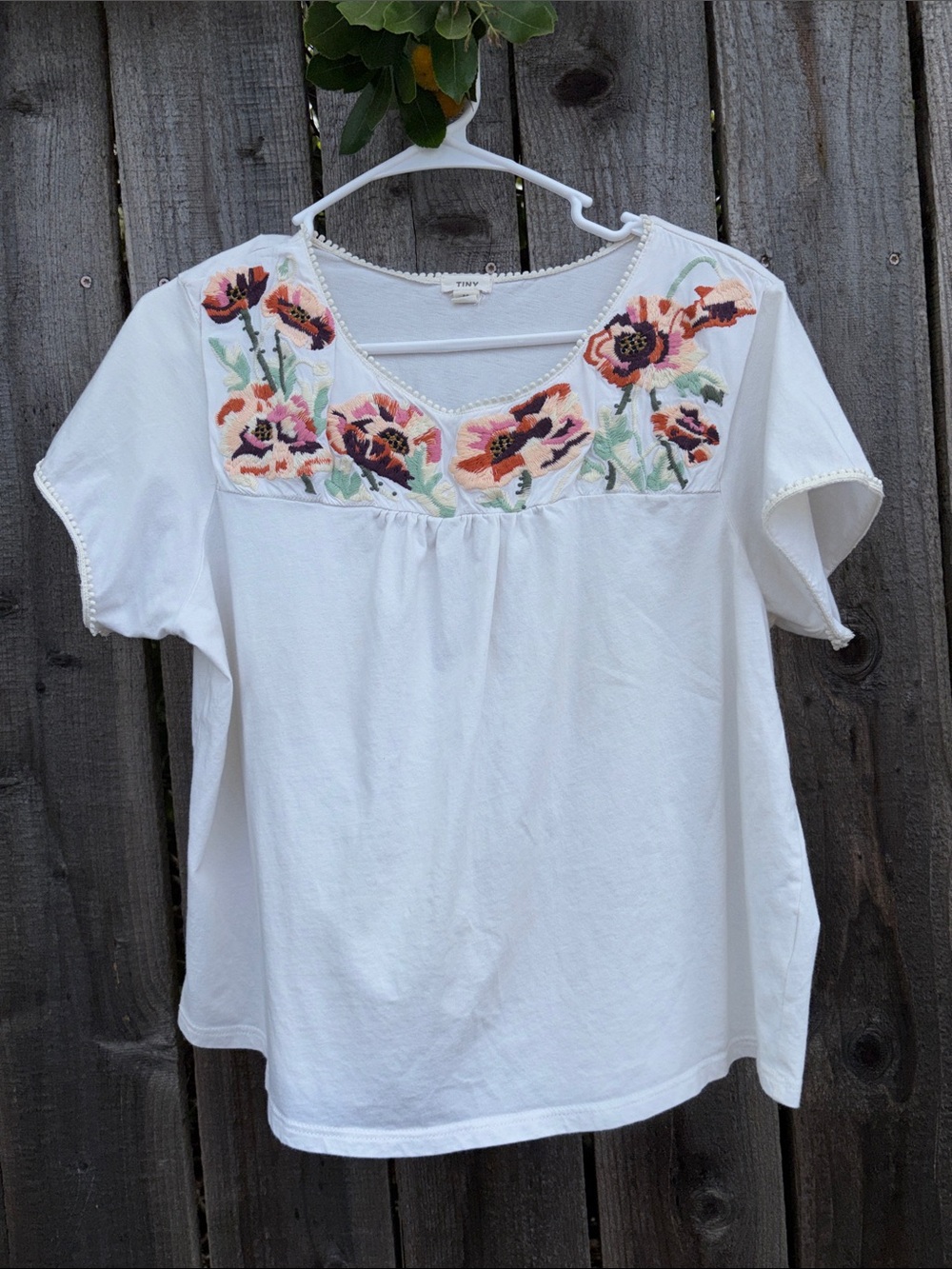 Anthropology Tiny Fern White Embroidered Floral Yoke Women's Top